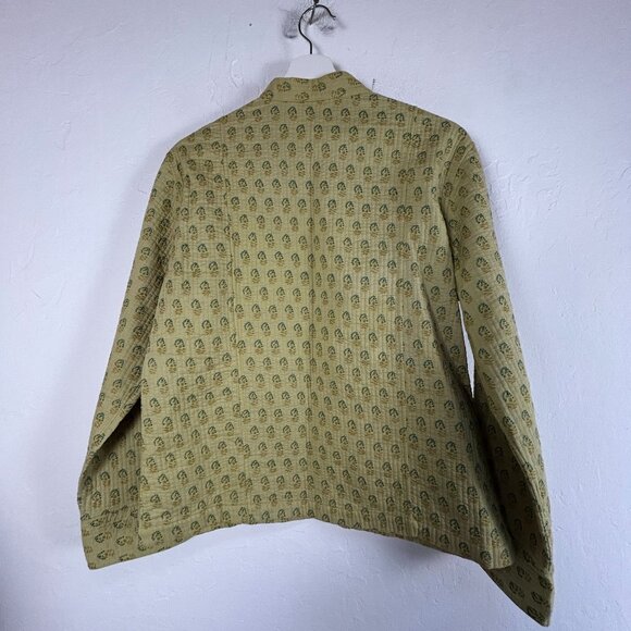 Artisan Print Quilted Jacket Green Mandarin Collar Button Front Pockets Boho - Picture 2 of 5
